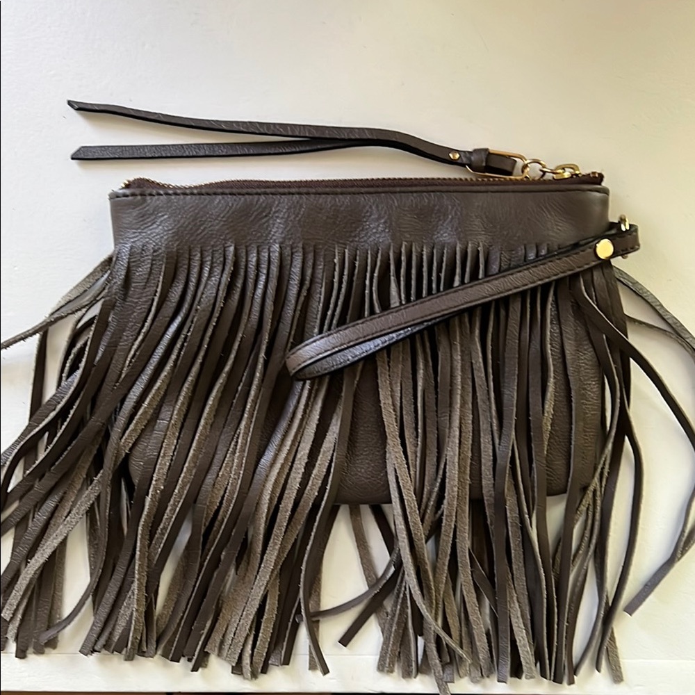 Banana Republic Leather Gray Fringe Clutch Like New